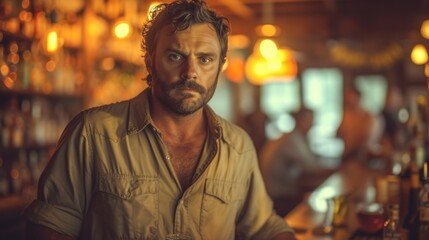 Obraz premium A Bartender with a Beard and Tan Shirt, Man in a Tan Shirt and Necklace Standing at the Bar, Bartender Staring into the Camera, Tan-Shirted Man Behind the Counter of a Bar.