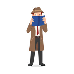 detective standing and read book while spying