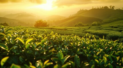 Tea plantation in sunset time. Nature background 