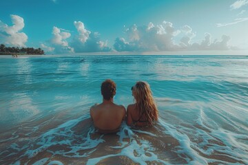 A back view of a couple sitting close together in the ocean waves while watching a beautiful sunset