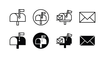 Mailbox icon set. Mail box sign and symbol. Containing email, E-mail, post, P.O.B button. Vector illustration - obrazy, fototapety, plakaty