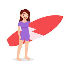 woman standing holding surf board and feel happy