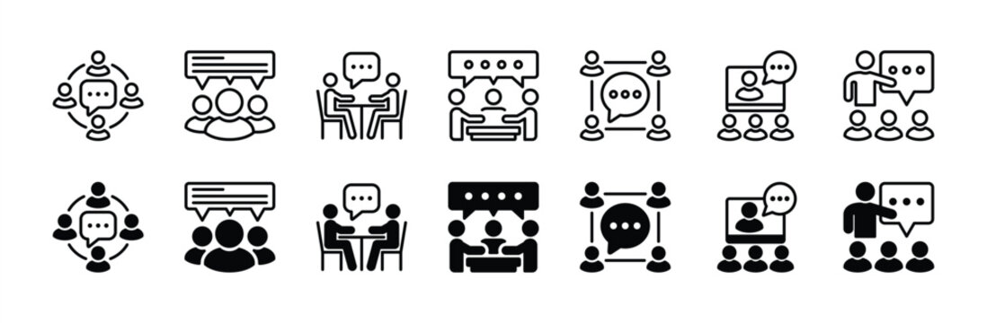 Speaking or communication thin line icon set. Containing group, chat speech bubble, meeting, discussion, conversation, talking, online video conference. Vector illustration