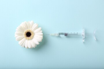 Cosmetology. Medical syringe and gerbera flower on light blue background, flat lay