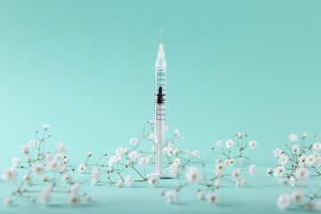 Cosmetology. Medical syringe and gypsophila flowers on turquoise background