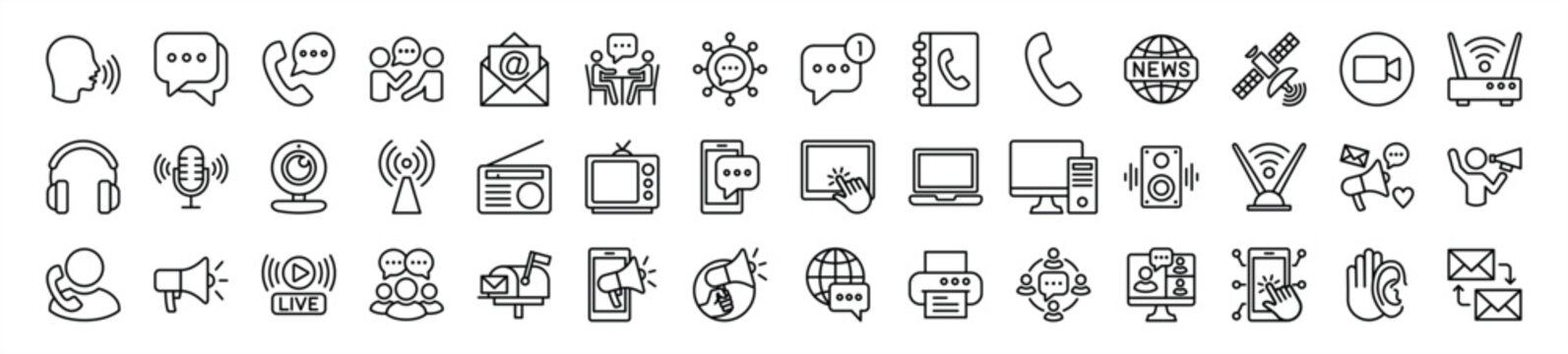 Communication and speaking thin line icon set. Discussion, speech bubble, talking, chat, social media message, conversation, campaign, announce, technology for app and website. Vector illustration