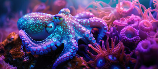 Octopus with neon violet and pink marbled skin moves among coral in an ocean shallow. Big monster creature with tentacles whip around as it scuttles through the aquatic landscape. - obrazy, fototapety, plakaty