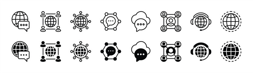 Global business connection icon set. Containing networking, communication, teamwork, people, service and support. Vector illustration