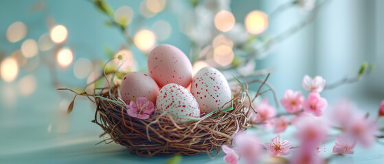 Soft focus image featuring pastel-colored Easter eggs gently placed in a straw nest with delicate feathers on a light teal background