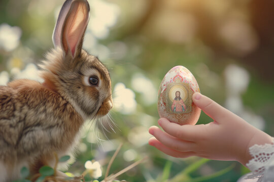 Cute child with little bunny holding easter eggs with picture jesus in blooming meadow. egg hunting