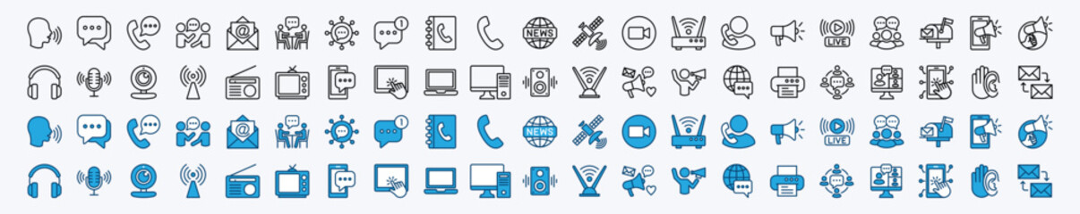 Speaking and communication icon set. Discussion, speech bubble, talking, chat, social media message, conversation, campaign, announce, technology for app and website. Vector illustration