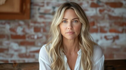 Blonde Beauty, The Brick Wall Backdrop, A Woman's Gaze, Golden Locks and White Blouse.
