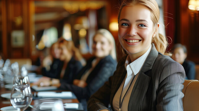 Young female intern in a business suit and a name tag in a company meeting with women colleagues