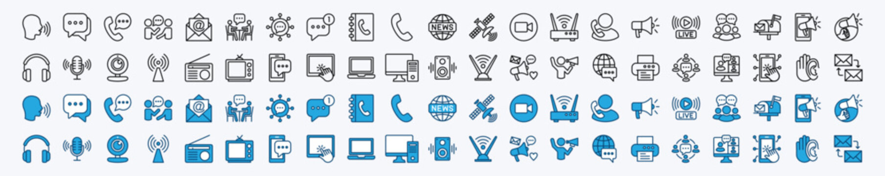Speaking and communication icon set. Discussion, speech bubble, talking, chat, social media message, conversation, campaign, announce, technology for app and website. Vector illustration