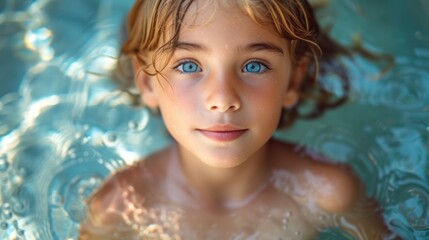 Fototapeta na wymiar A Smiling Little Girl in the Water, A Young Child with Blue Eyes Swimming, A Happy Little Girl Posing in Water, A Cute Blonde Girl Laughing and Smiling in Water.