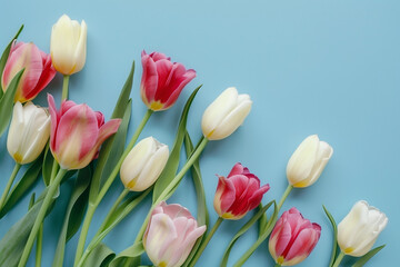 Pink tulips close up on blue background, frame