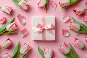 Pink gift box and tulips surround on pink background