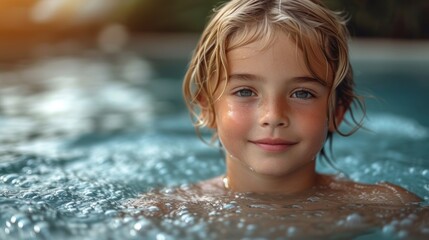 Smiling Girl in Swimming Pool, A Young Child Posing for a Picture in the Water, Little Girl Enjoying Her Time in the Swimming Pool, Swimming Pool Portrait of a Happy Little Girl.