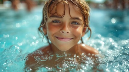 Fototapeta na wymiar Smiling Boy in Swimming Pool, Happy Child in Water, Little Boy Enjoying Swim Time, A Young Boy's Joyful Moment in the Pool.