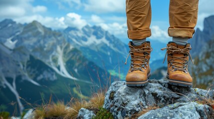 Man hiker legs without trousers and hiking boots on mountain peak