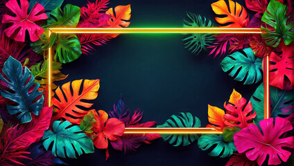Summer background with tropical orchid flowers and green tropical palm leaves on green background. Flat lay, top view. Summer party backdrop