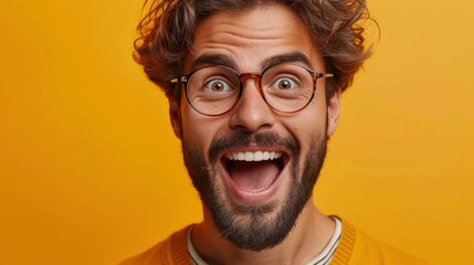 Smiling with Glasses, Yellow Background Man, Happy Guy in Yellow Sweater, Man with Big Smile and Glasses.