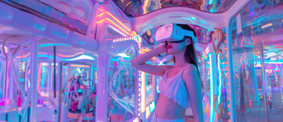 Beautiful woman with flowing hair in futuristic dress. Girl in glasses of virtual reality. Augmented reality, game, future technology concept. VR.