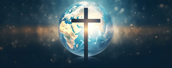 Symbolic image of Christianity spreading Worldwide Earth globe with cross. Concept Christianity, Global Spread, Symbolic Image, Earth Globe, Cross - obrazy, fototapety, plakaty