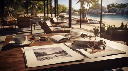 Zelfklevend Fotobehang Architectural plans and landscape design top view on desk with modern office supplies © Oleg
