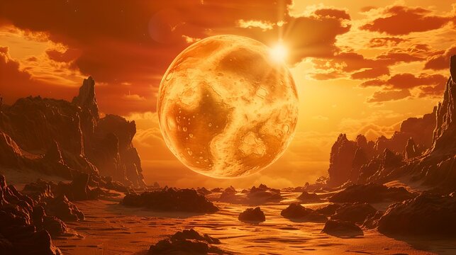 Majestic alien sunset with giant planet, sci-fi landscape for futuristic themes. vivid imagery and creative vision. AI