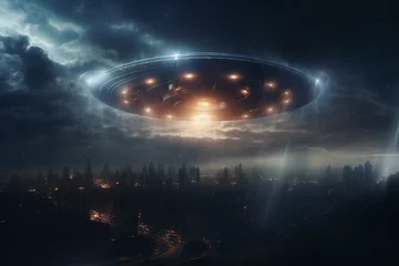 Fotobehang flying saucer, ufo plane, alien spaceship, flying © Salawati