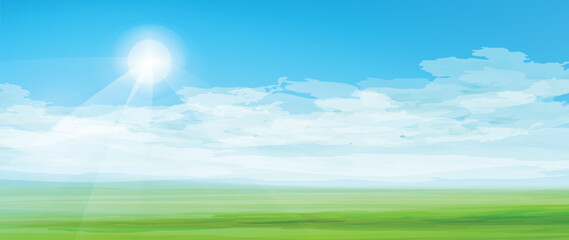 Obraz premium Sunn day. Horizontal vector landscape. Watercolor textured nature background. Green fields, blue sky. 