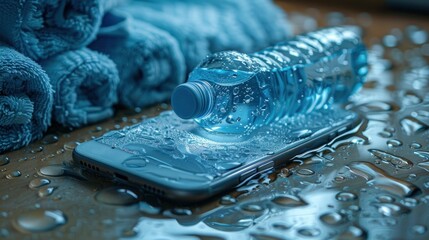Flat lay of mobile phone with earphone and yoga mat, towel and bottle of water on wood floor - obrazy, fototapety, plakaty