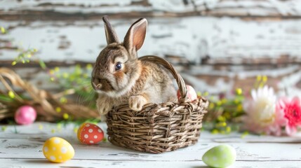 super cute baby bunny holding an easter basket, colored Easter eggs, all on a white background - Powered by Adobe