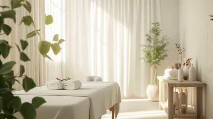 Beautiful spa elements on the massage table in the wellness center. Massage on light wooden background. blur living room, natural creams and moisturizing Healthy lifestyle