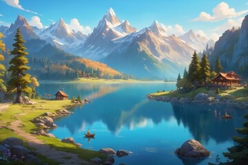 A world of wonder with this animated depiction of a cartoon landscape. From the majestic mountains...