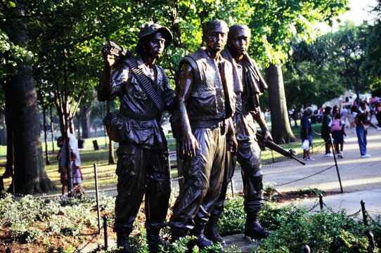 Washington DC, USA - Feb 10, 2024:  Vietnam war memorial Three Soldiers statues in Washington DC