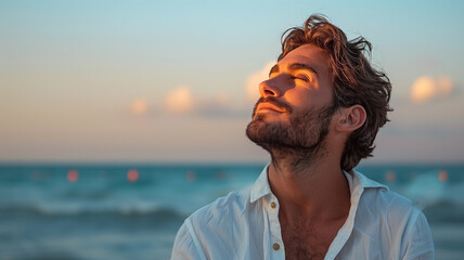 handsome man inhaling deeply on the beach at sunset