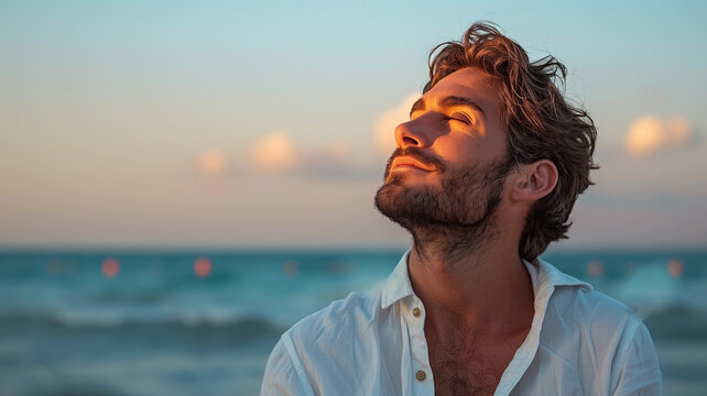 handsome man inhaling deeply on the beach at sunset