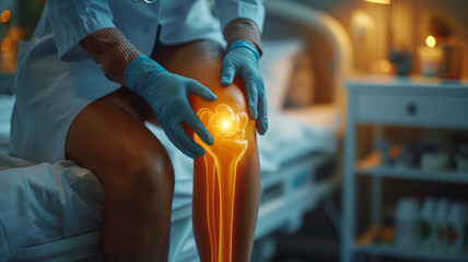 close-up doctor standing beside the patien bed and use hand wear medical glove touching swell knee of patien lie down on bed in clinic,generative ai