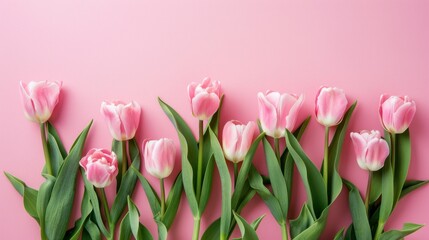 top view, light pink solid background; frame from pink tulips flowers