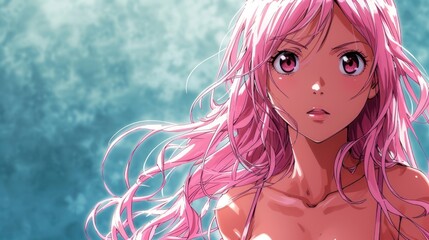 Pink-haired girl with a determined expression., A woman in pink hair looking into the distance., An anime character with long, flowing pink hair., A girl with pink hair and a blue background..