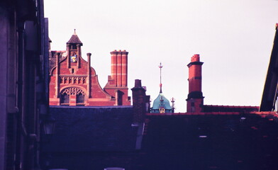 Rooftop view of Chester building showing the Eastgate Clock around Eastgate, Chester, UK during early 1990s