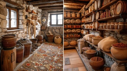 Open-air museum in Stara Lubovna. Ethnographic natural exposition. Interior of one of the houses. - obrazy, fototapety, plakaty