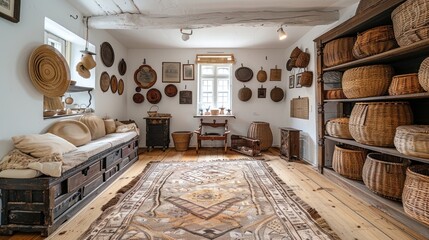 Museum exposition in house interiors - Buildings of folk architecture in the natural environment of the Orava Village Museum of Zuberec. - obrazy, fototapety, plakaty