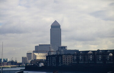 Skyline of One Canada Square Canary Wharf  in Docklands, London, UK during early 1990s