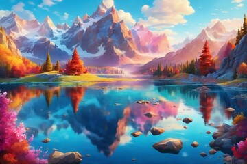 A fantastical landscape of cartoon mountains and a crystal-clear lake. With every brushstroke, the vibrant colors and intricate details bring this scene to life. - obrazy, fototapety, plakaty
