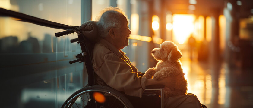 A warm image capturing a senior individual in a wheelchair bonding with their pet dog as the sunsets, lighting up the room in a golden glow