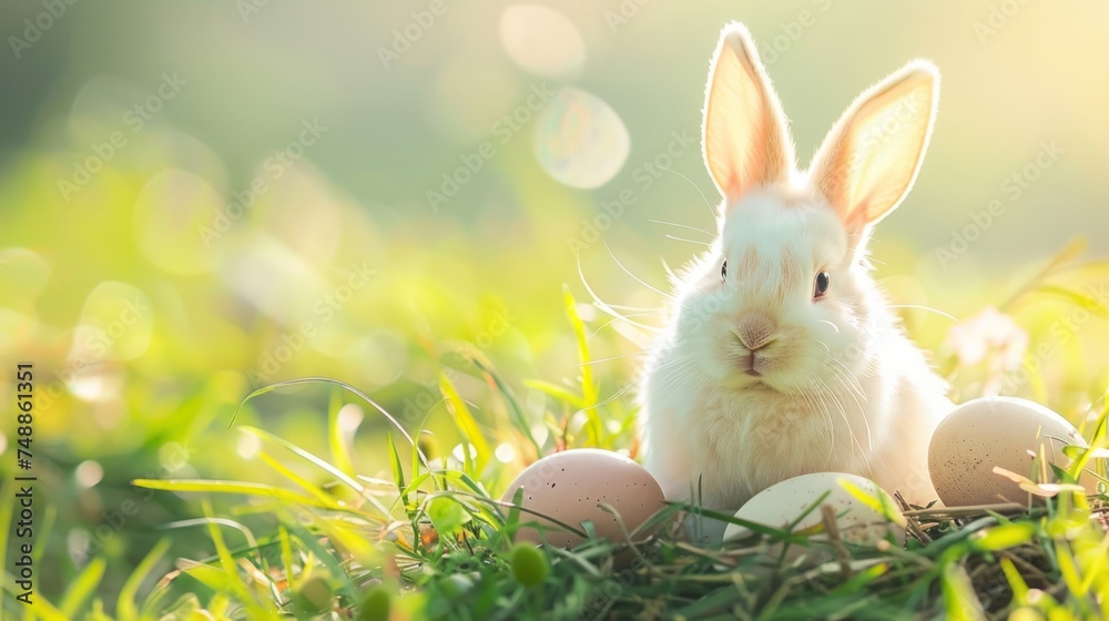 Wall mural white cute Bunny and Nest with easter eggs in grass on a sunny spring day - Easter decoration, banner, - Wall murals