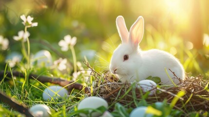 white cute Bunny and Nest with easter eggs in grass on a sunny spring day - Easter decoration, banner,